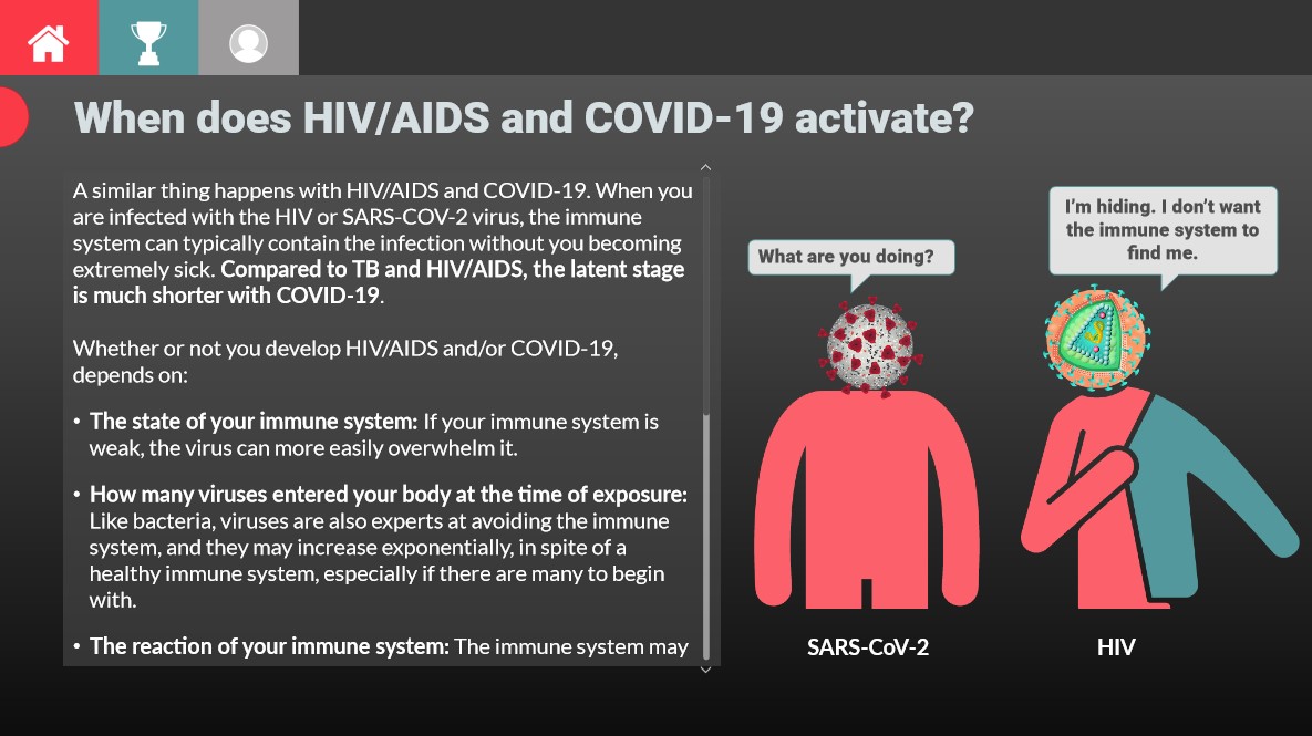 A screen showing the difference between Covid19 and HIV when they become active